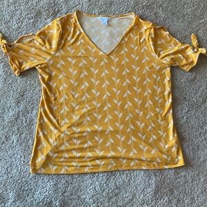 Elegant Mustard V-Neck Blouse with Tie Sleeves